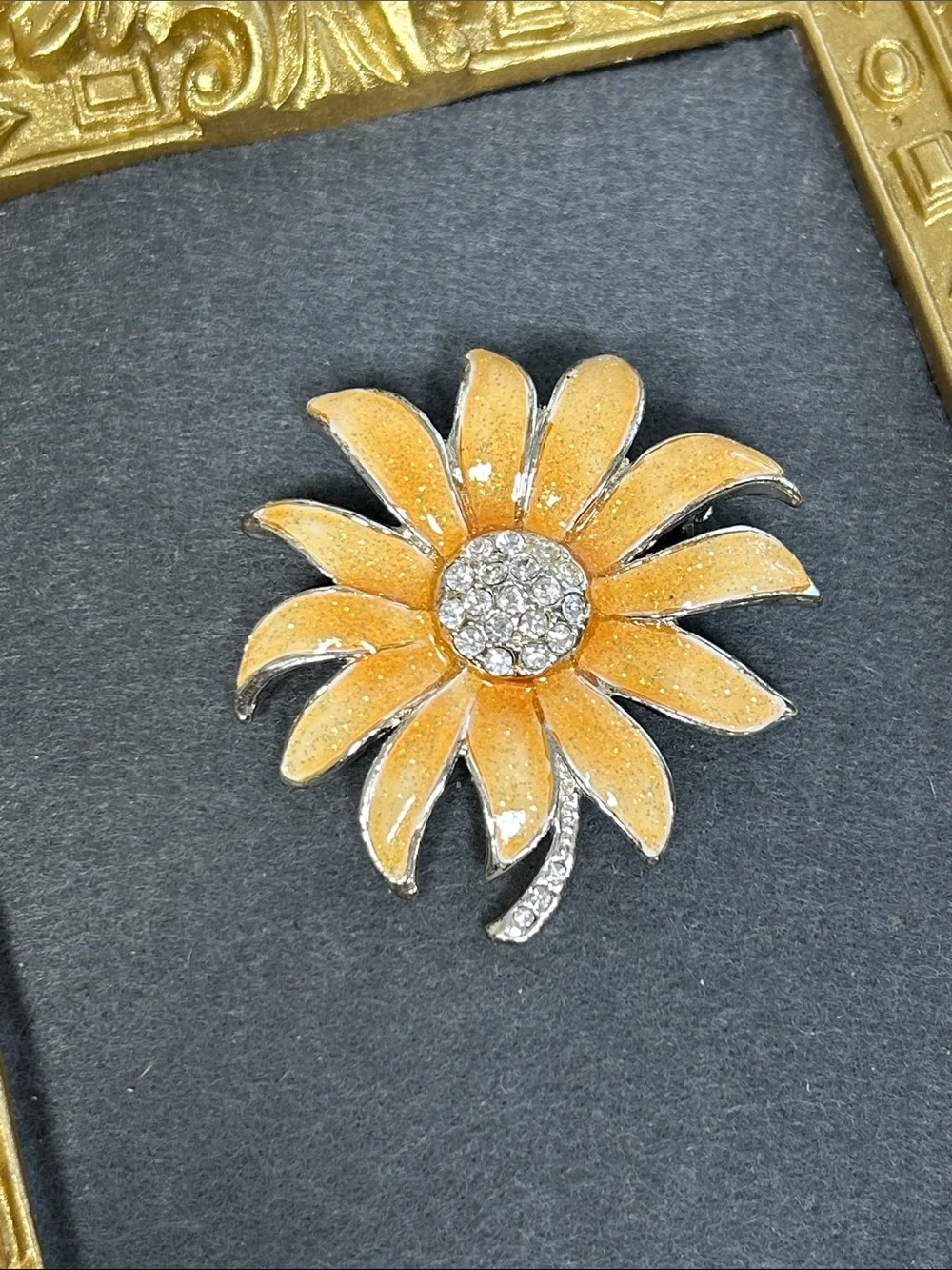 Vintage Peach Enamel Daisy Flower Brooch with Rhinestone Center